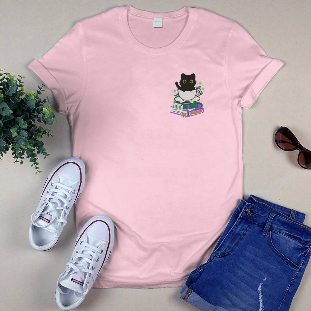 Cute Cat With Coffee And Book Embroidered Shirt For Book Lovers