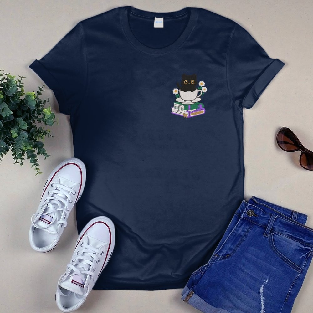 Cute Cat With Coffee And Book Embroidered Shirt For Book Lovers