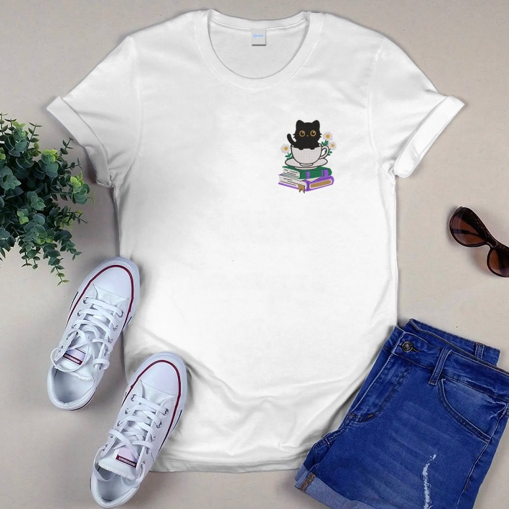Cute Cat With Coffee And Book Embroidered Shirt For Book Lovers