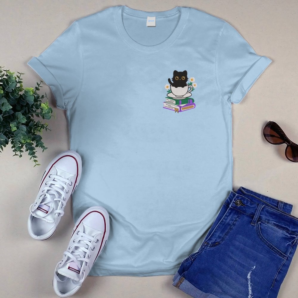Cute Cat With Coffee And Book Embroidered Shirt For Book Lovers