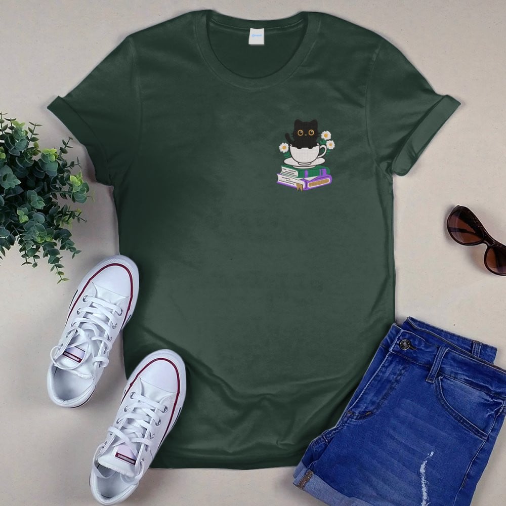 Cute Cat With Coffee And Book Embroidered Shirt For Book Lovers