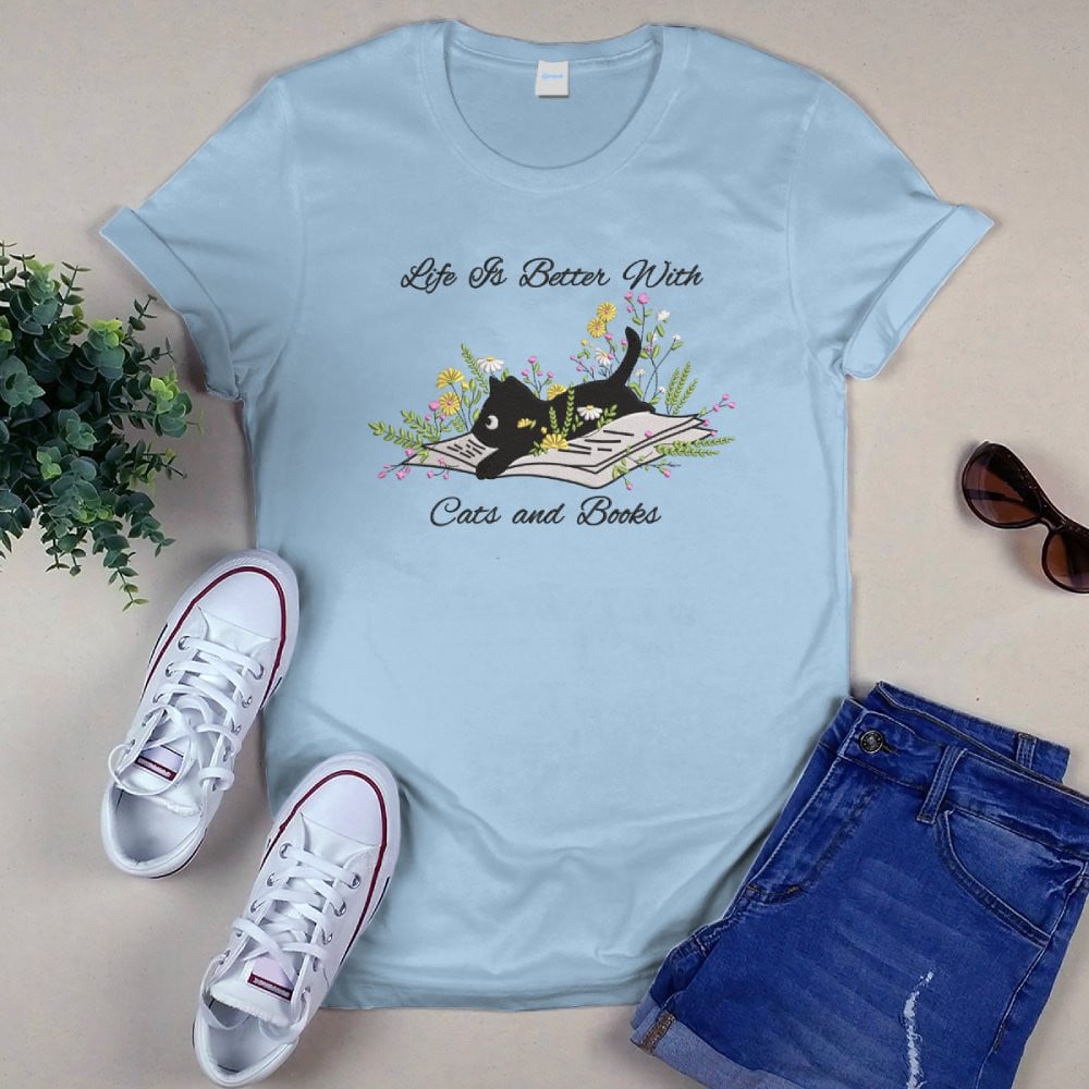 Cute Cat Lying On Book With Flower Embroidered Shirt For Book Lovers
