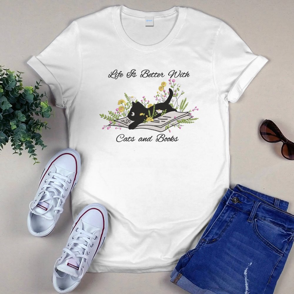 Cute Cat Lying On Book With Flower Embroidered Shirt For Book Lovers