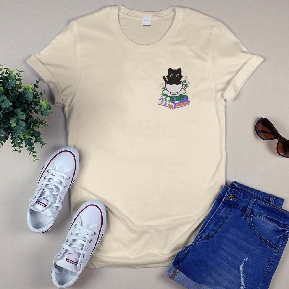 Cute Cat With Coffee And Book Embroidered Shirt For Book Lovers