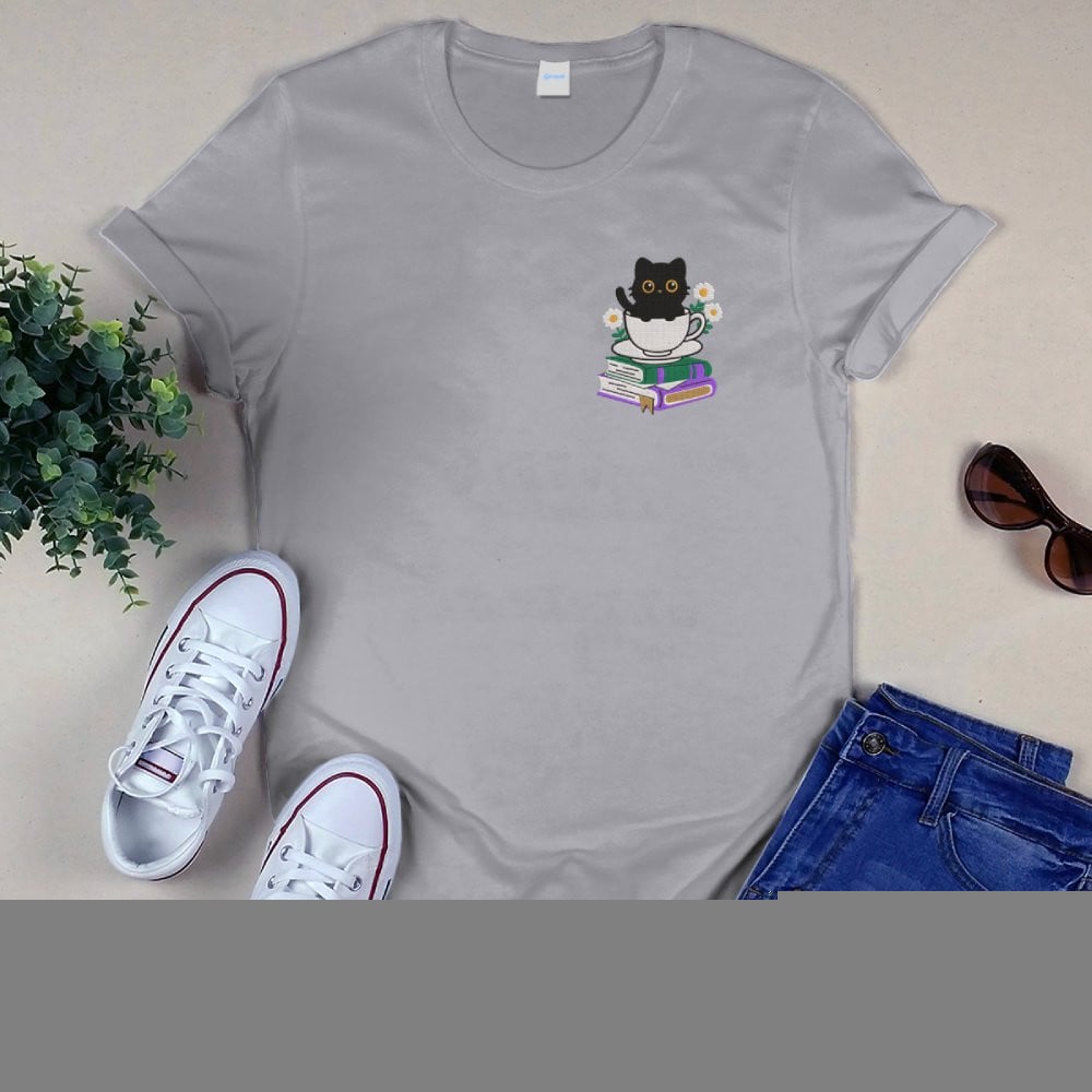 Cute Cat With Coffee And Book Embroidered Shirt For Book Lovers