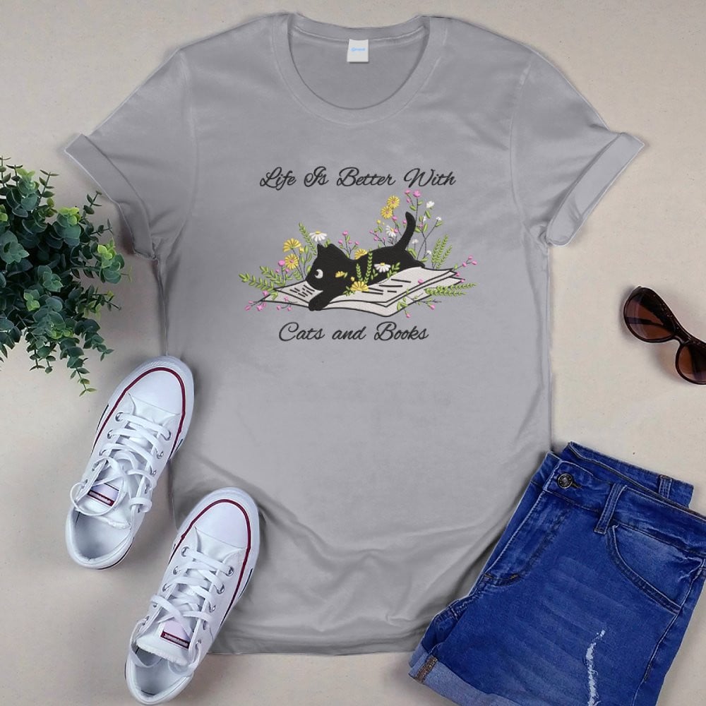 Cute Cat Lying On Book With Flower Embroidered Shirt For Book Lovers