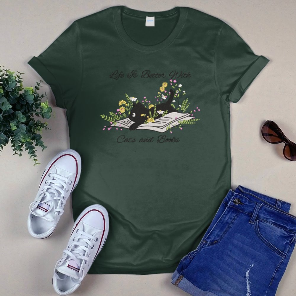 Cute Cat Lying On Book With Flower Embroidered Shirt For Book Lovers