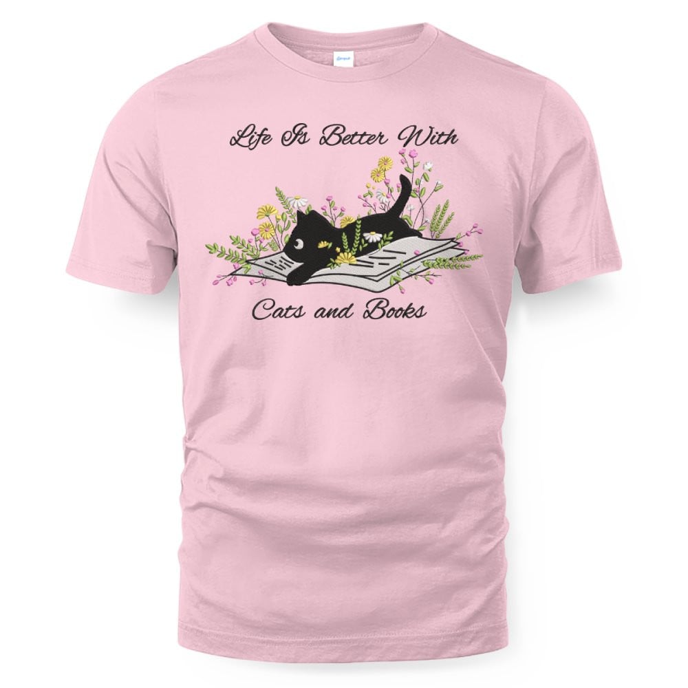 Cute Cat Lying On Book With Flower Embroidered Shirt For Book Lovers