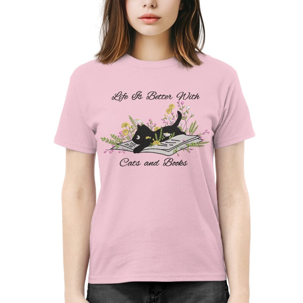 Cute Cat Lying On Book With Flower Embroidered Shirt For Book Lovers