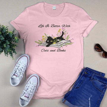 Cute Cat Lying On Book With Flower Embroidered Shirt For Book Lovers