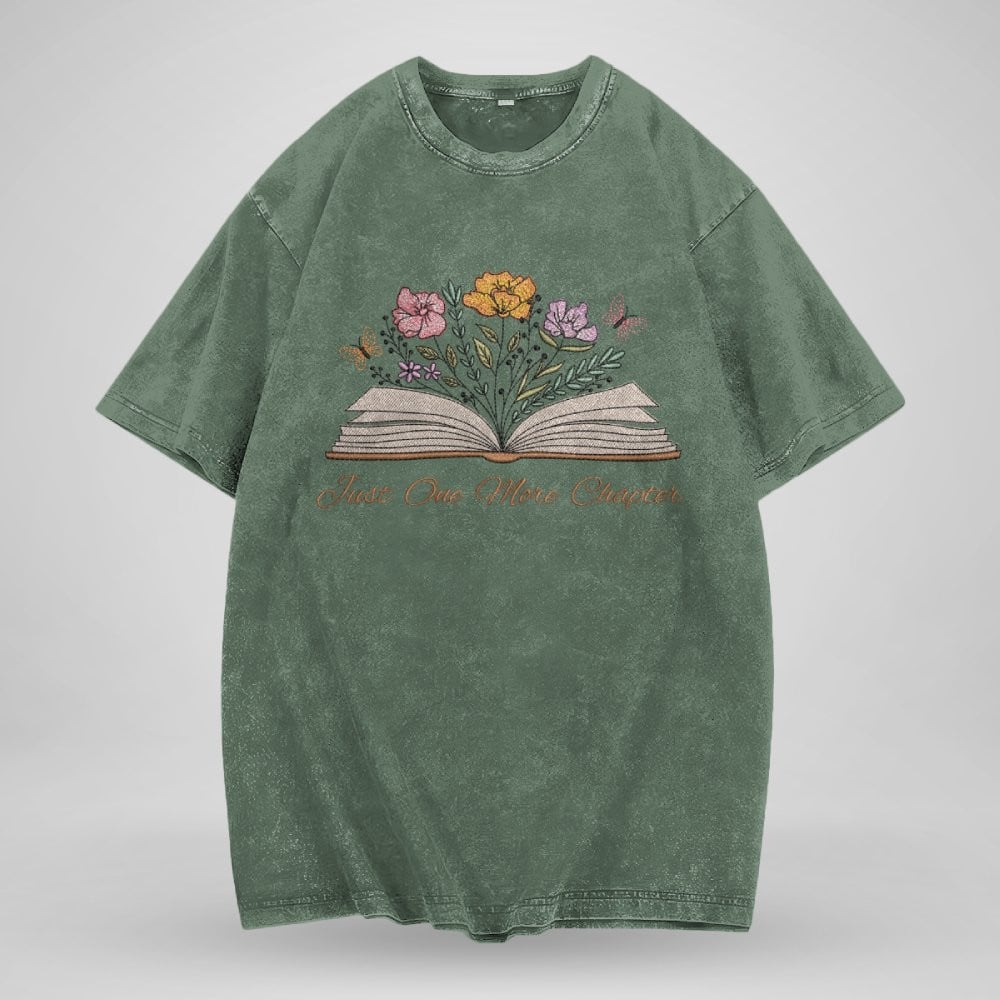 Just One More Chapter With Floral Embroidered Washed Shirt For Book Lovers