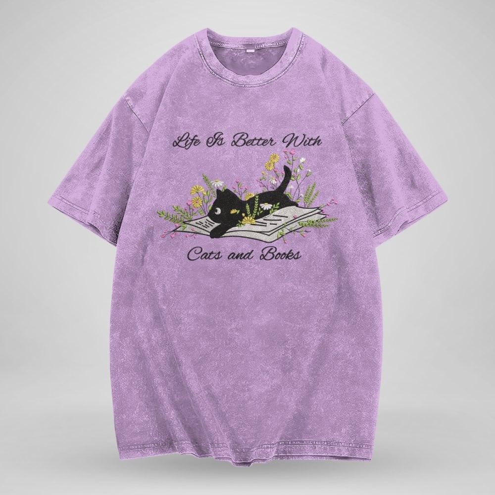 Cute Cat Lying On Book With Flower Embroidered Washed Shirt For Book Lovers