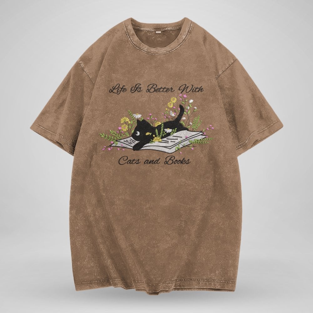 Cute Cat Lying On Book With Flower Embroidered Washed Shirt For Book Lovers