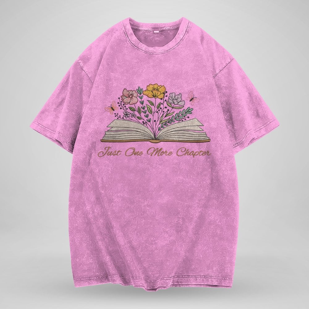 Just One More Chapter With Floral Embroidered Washed Shirt For Book Lovers