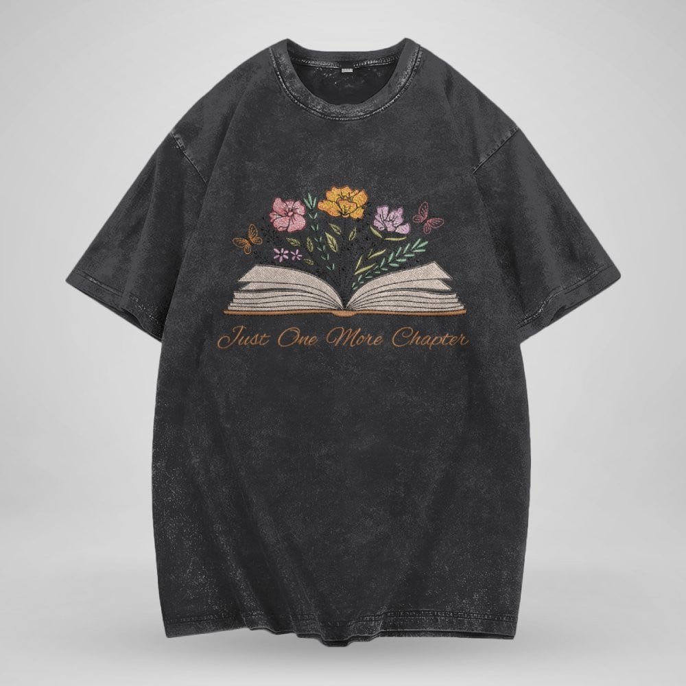 Just One More Chapter With Floral Embroidered Washed Shirt For Book Lovers