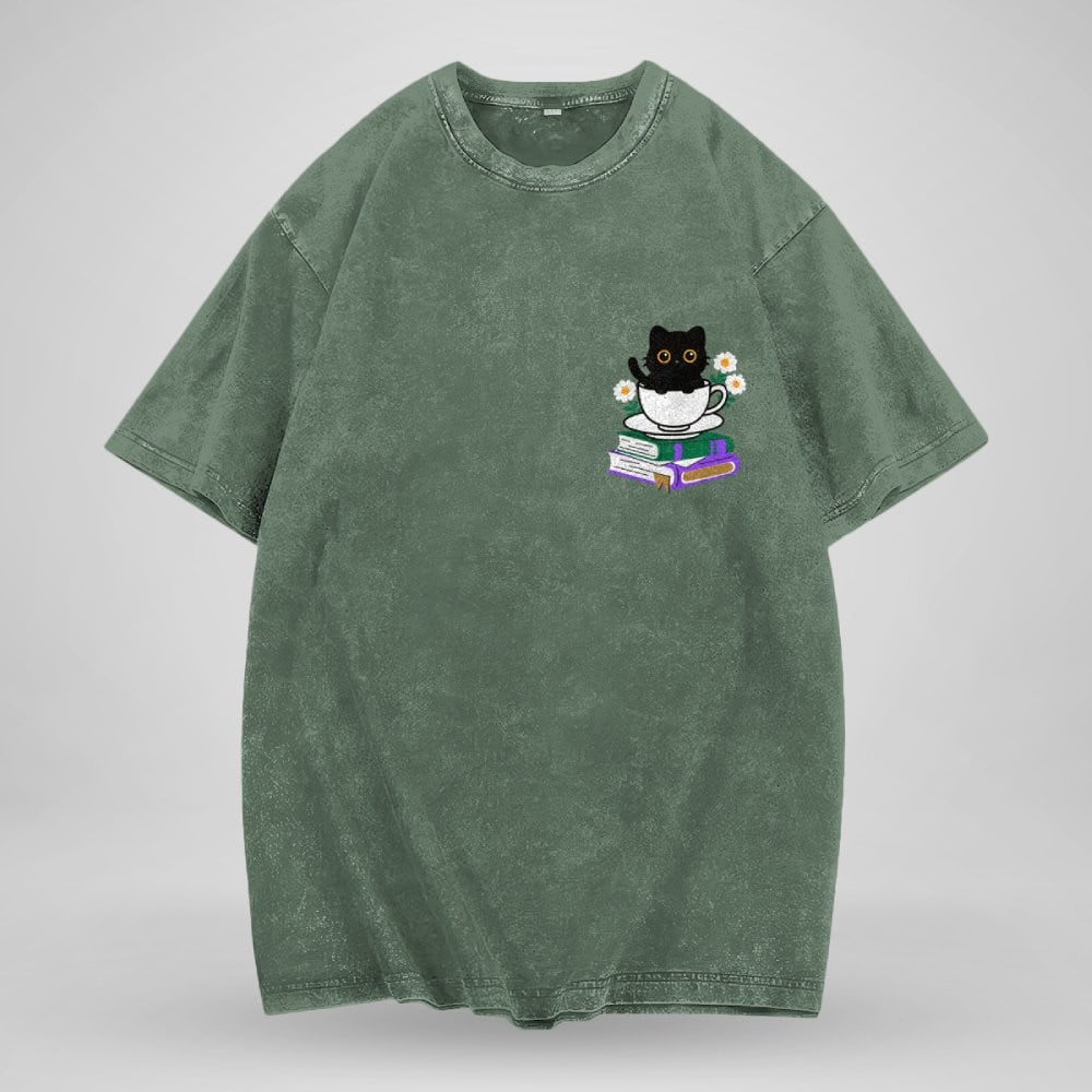 Cute Cat With Coffee And Book Embroidered Washed Shirt For Book Lovers