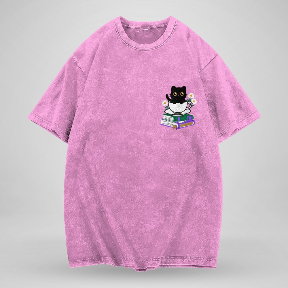 Cute Cat With Coffee And Book Embroidered Washed Shirt For Book Lovers