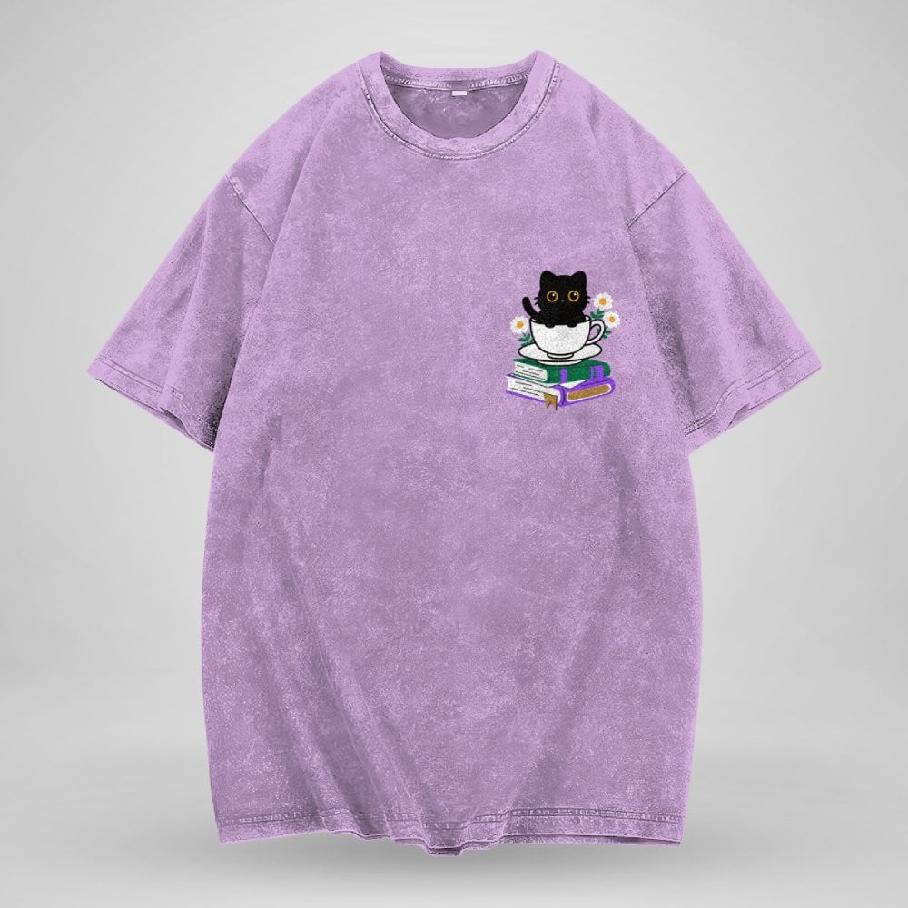 Cute Cat With Coffee And Book Embroidered Washed Shirt For Book Lovers