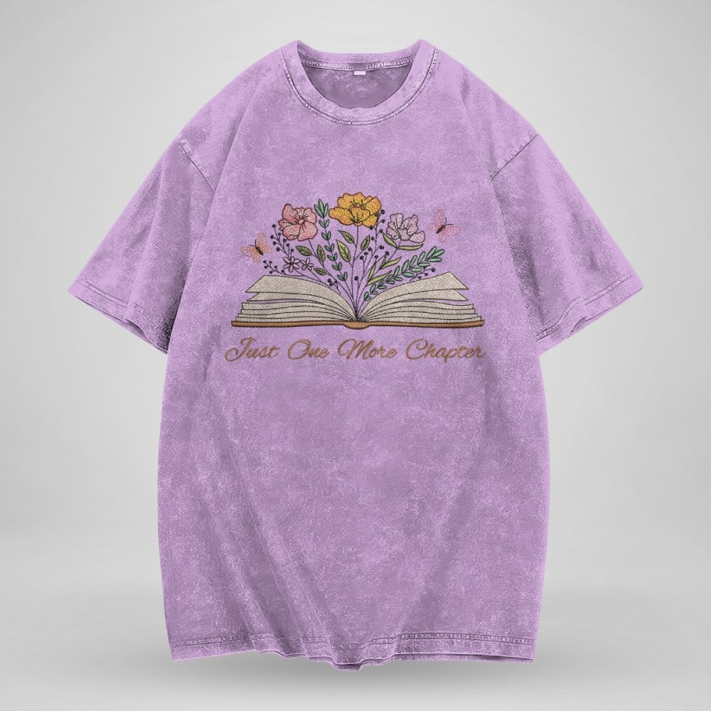 Just One More Chapter With Floral Embroidered Washed Shirt For Book Lovers
