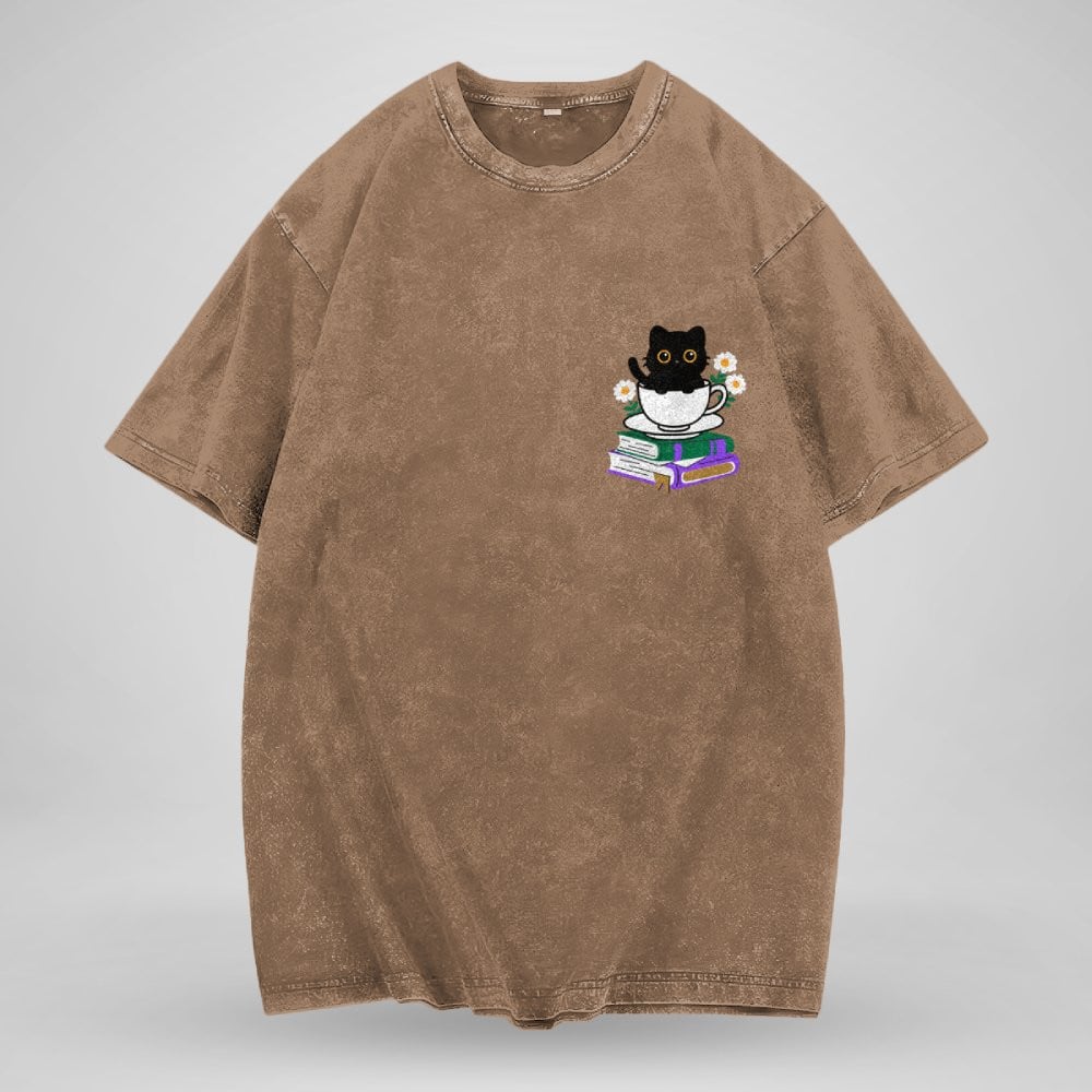 Cute Cat With Coffee And Book Embroidered Washed Shirt For Book Lovers