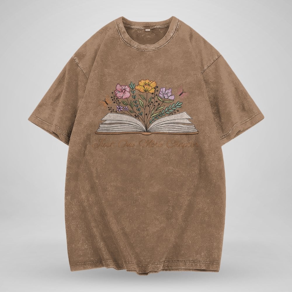 Just One More Chapter With Floral Embroidered Washed Shirt For Book Lovers