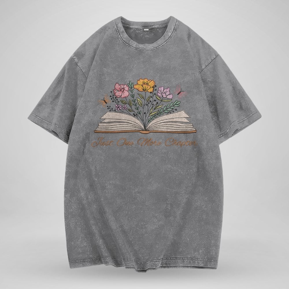 Just One More Chapter With Floral Embroidered Washed Shirt For Book Lovers