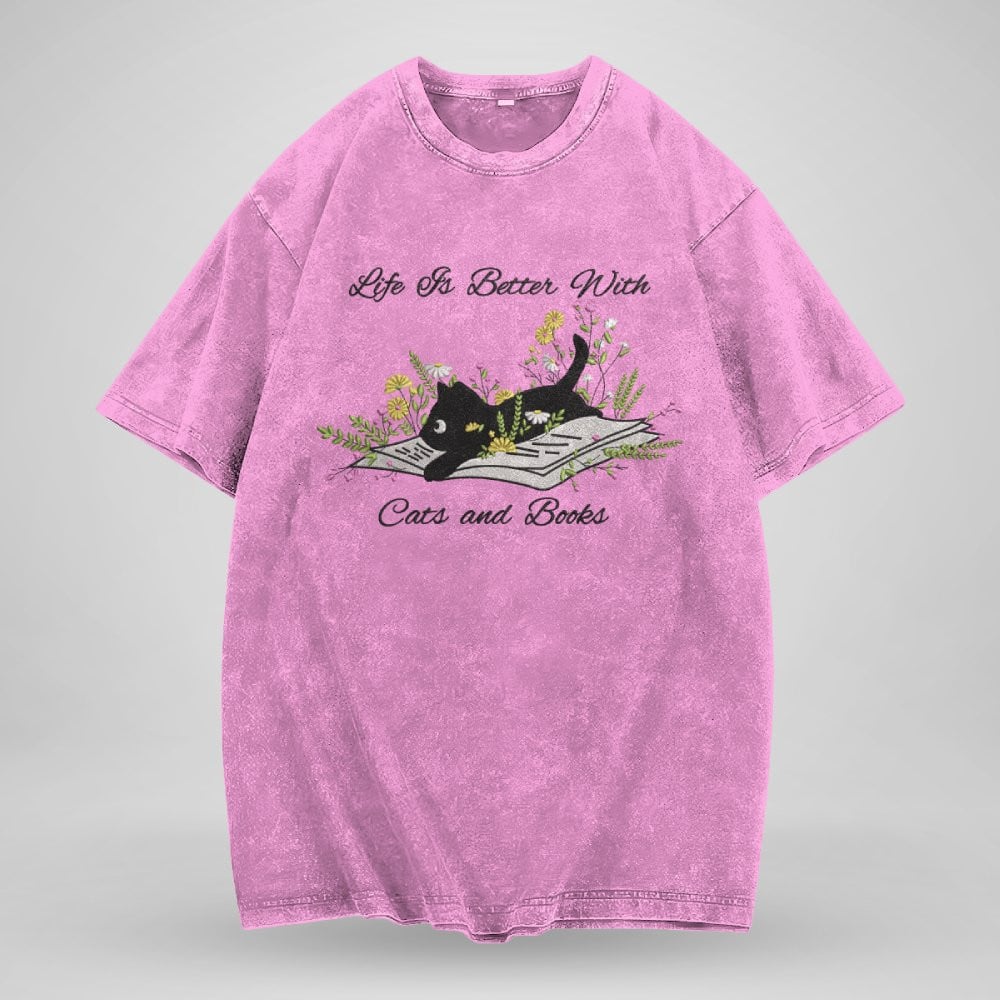 Cute Cat Lying On Book With Flower Embroidered Washed Shirt For Book Lovers