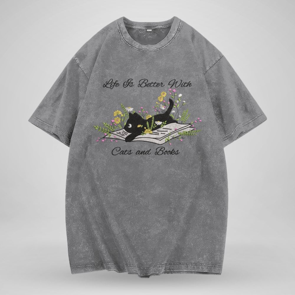 Cute Cat Lying On Book With Flower Embroidered Washed Shirt For Book Lovers