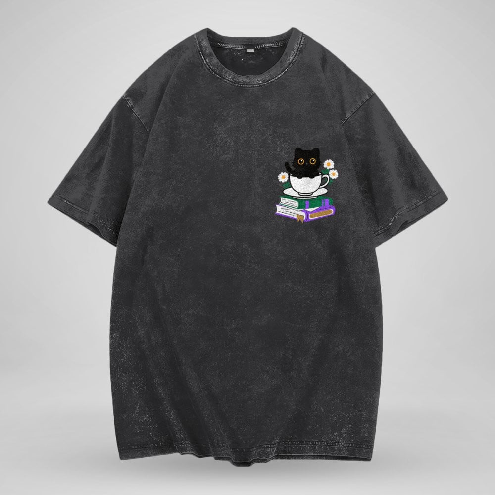 Cute Cat With Coffee And Book Embroidered Washed Shirt For Book Lovers