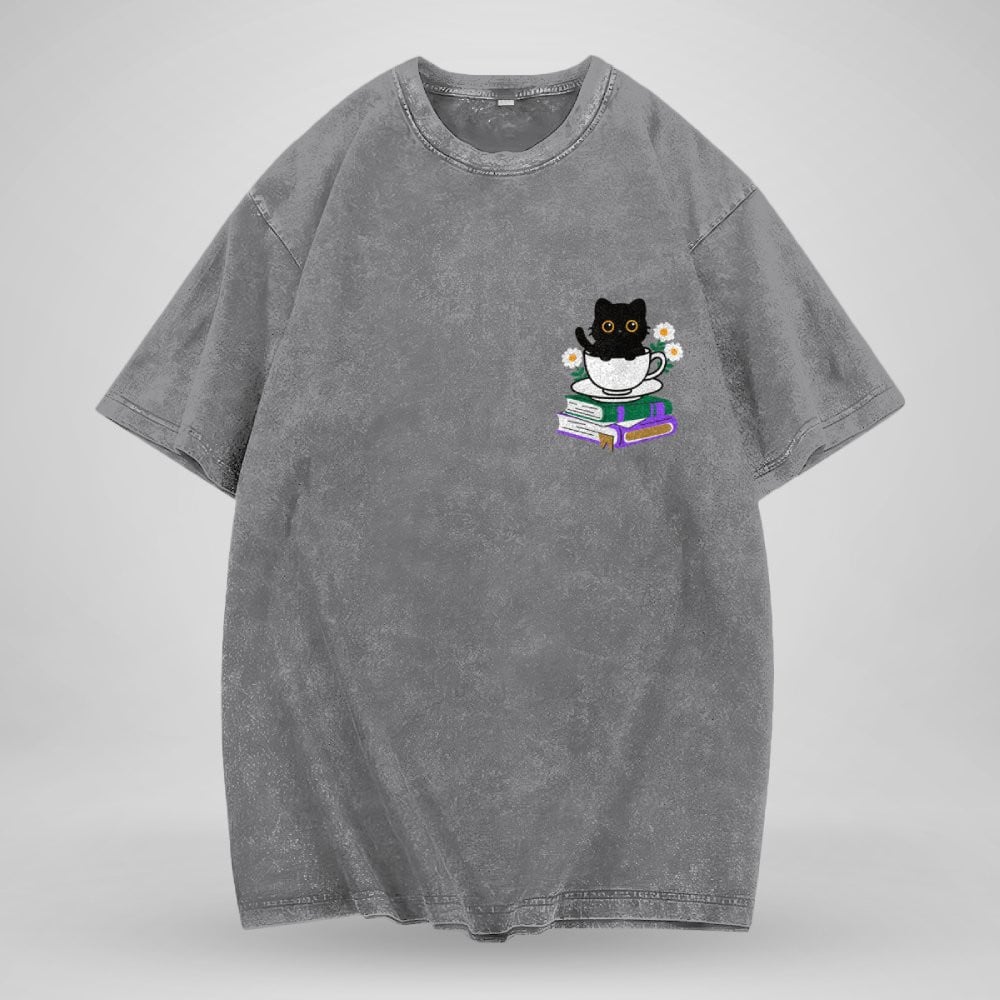 Cute Cat With Coffee And Book Embroidered Washed Shirt For Book Lovers