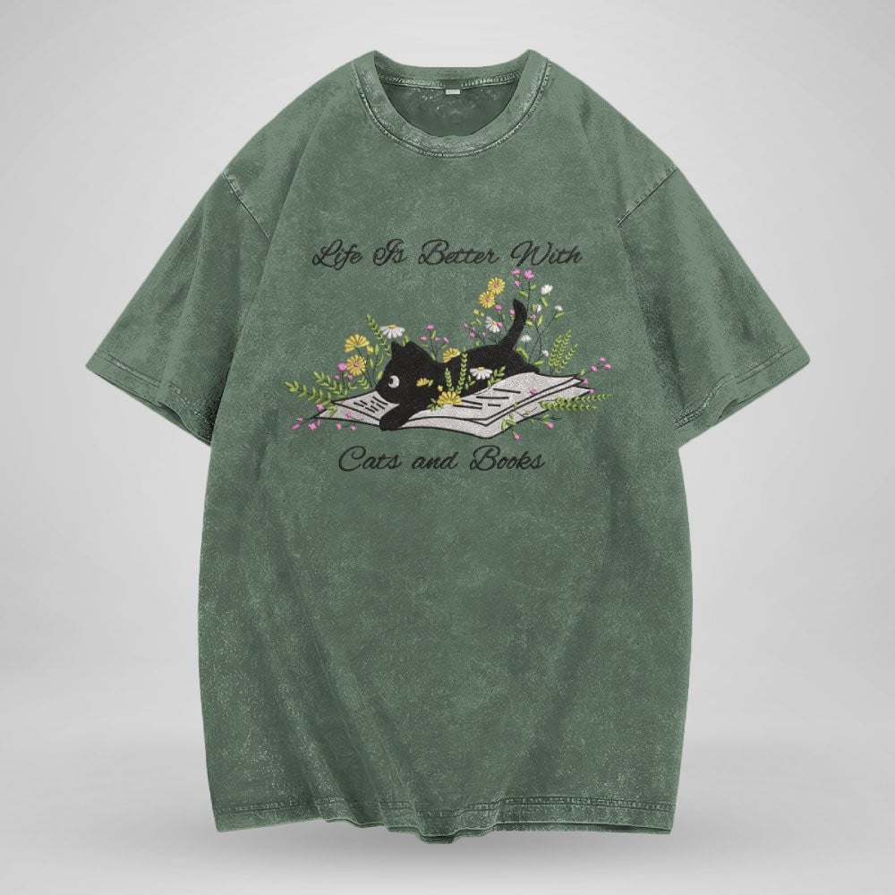 Cute Cat Lying On Book With Flower Embroidered Washed Shirt For Book Lovers