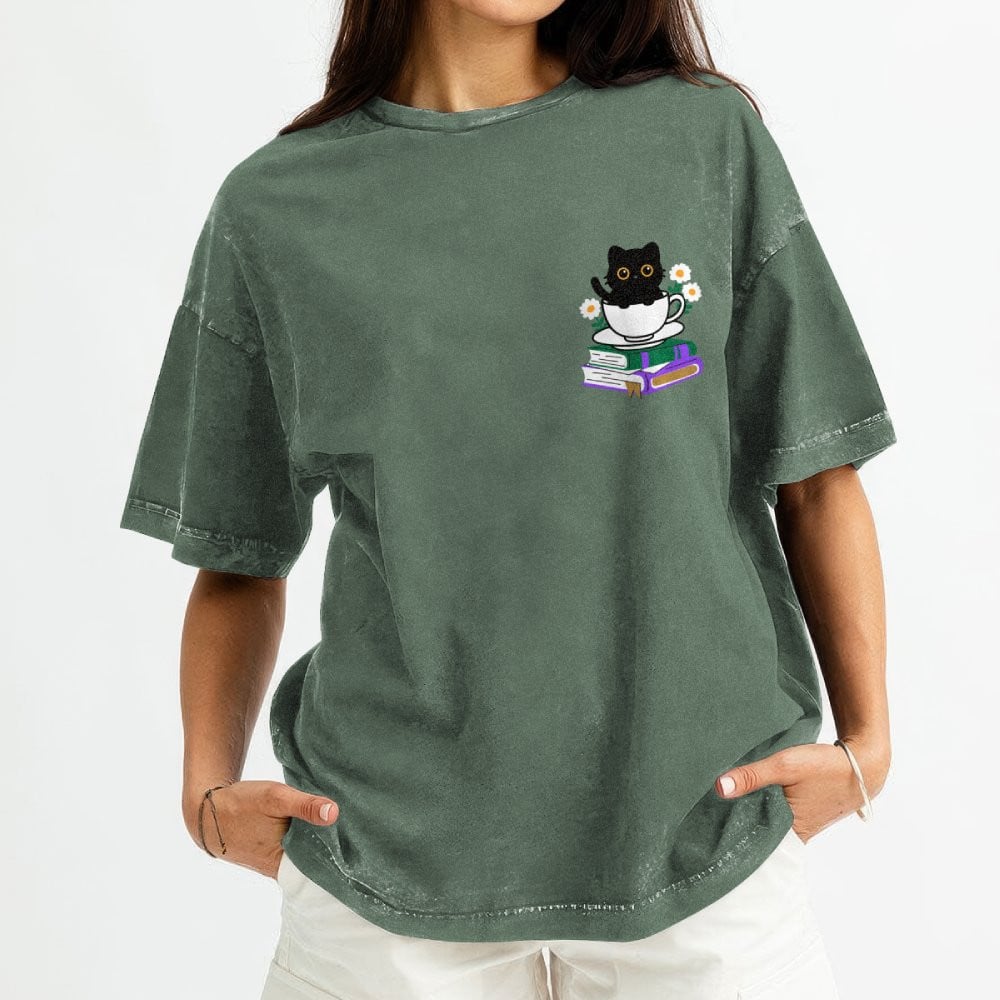 Cute Cat With Coffee And Book Embroidered Washed Shirt For Book Lovers