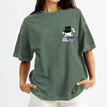 Cute Cat With Coffee And Book Embroidered Washed Shirt For Book Lovers