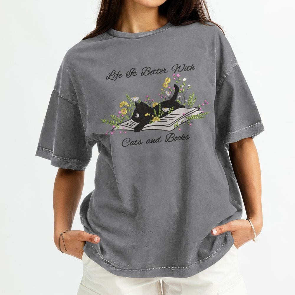 Cute Cat Lying On Book With Flower Embroidered Washed Shirt For Book Lovers