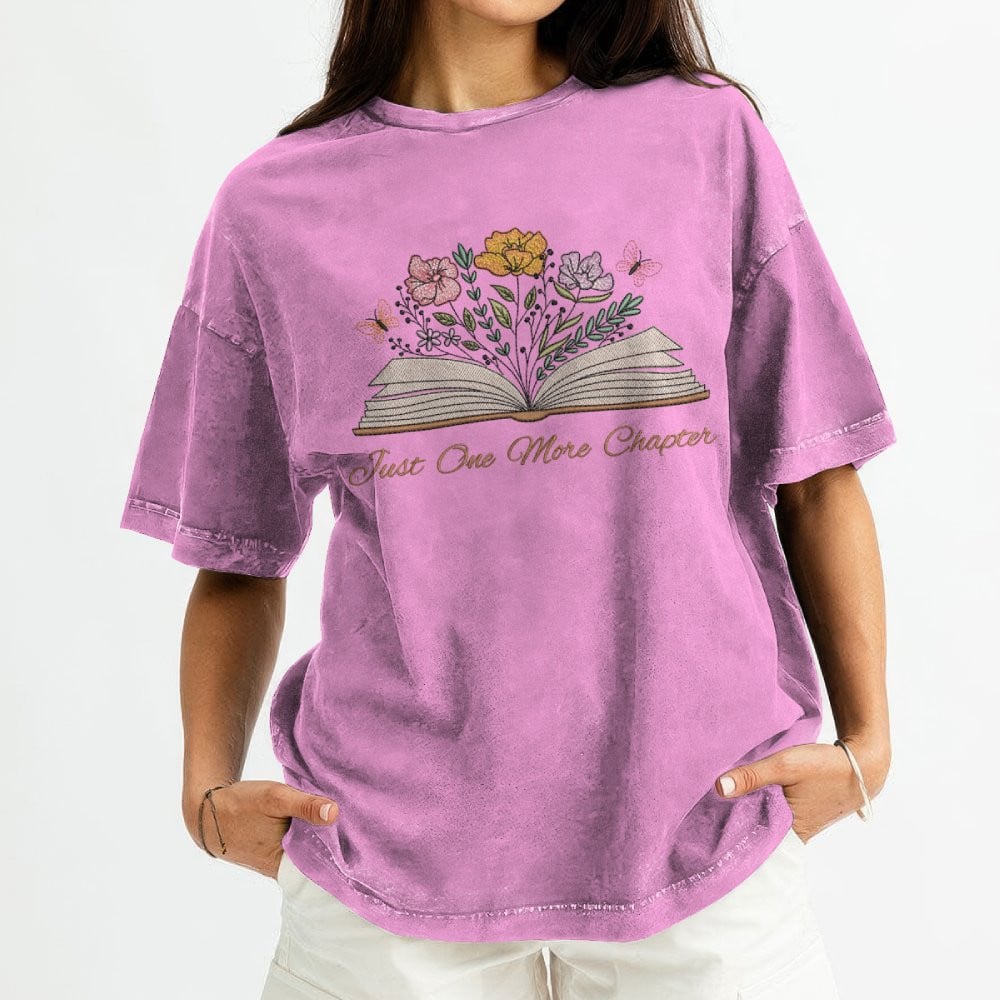 Just One More Chapter With Floral Embroidered Washed Shirt For Book Lovers
