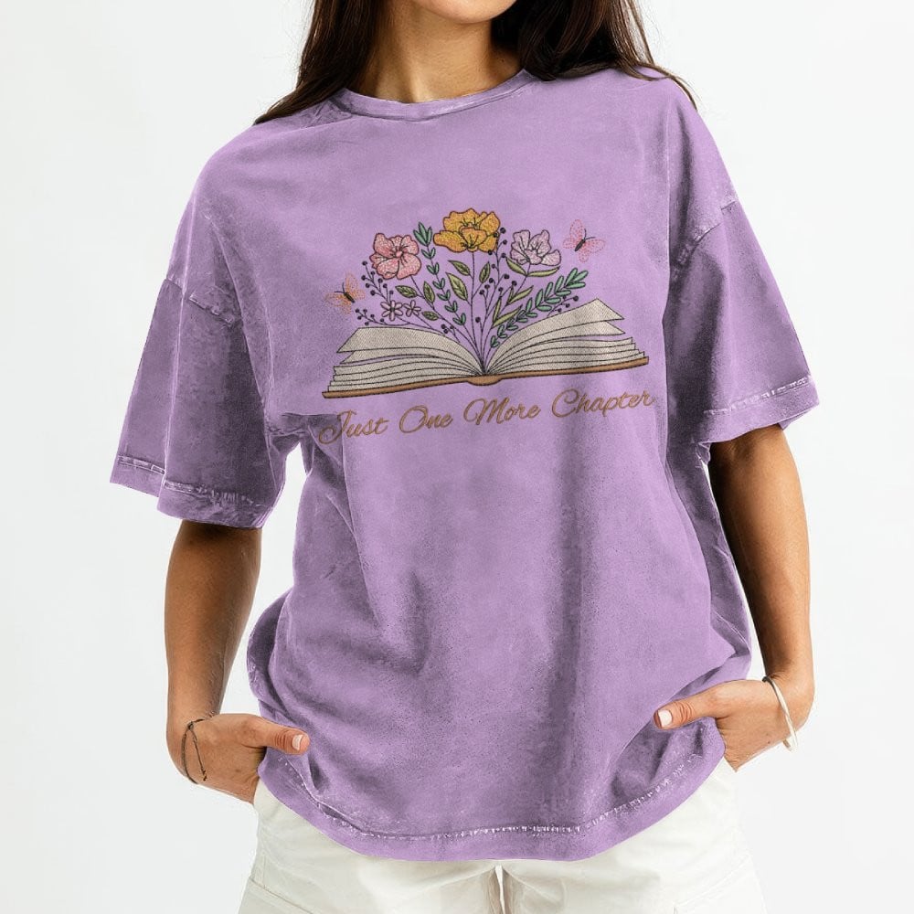 Just One More Chapter With Floral Embroidered Washed Shirt For Book Lovers