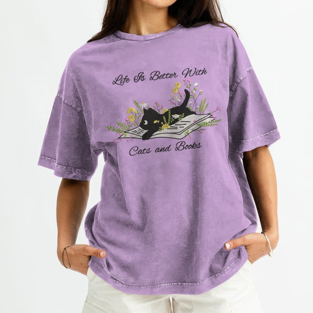 Cute Cat Lying On Book With Flower Embroidered Washed Shirt For Book Lovers