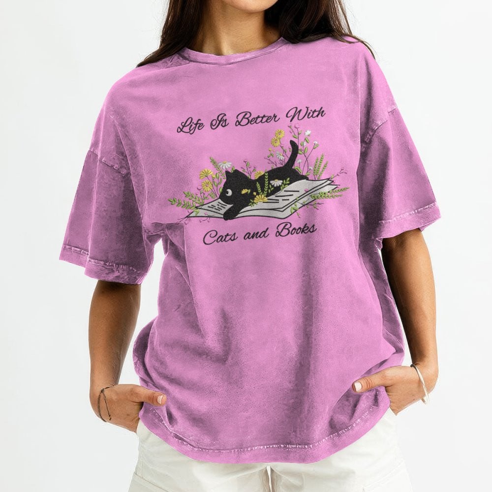 Cute Cat Lying On Book With Flower Embroidered Washed Shirt For Book Lovers