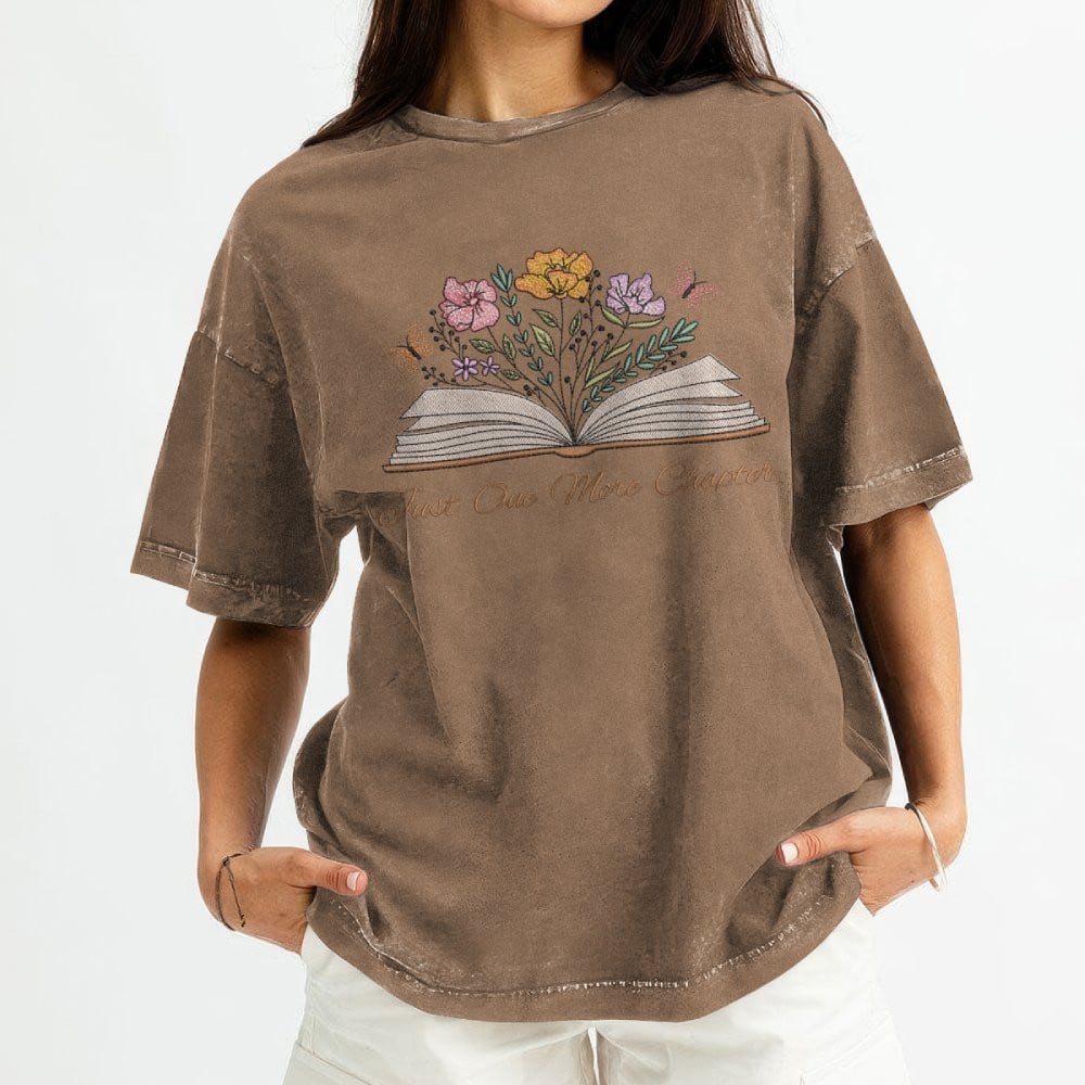 Just One More Chapter With Floral Embroidered Washed Shirt For Book Lovers
