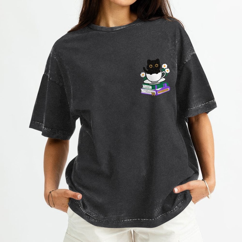 Cute Cat With Coffee And Book Embroidered Washed Shirt For Book Lovers