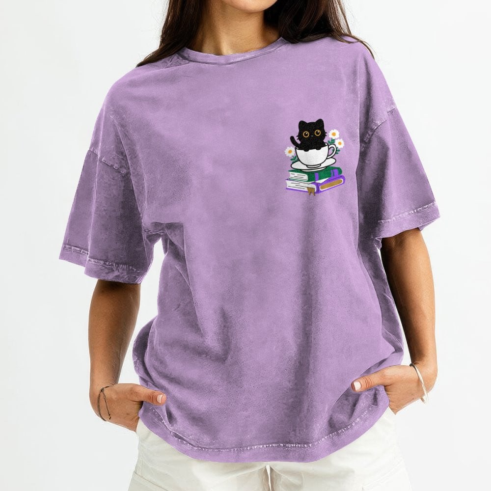 Cute Cat With Coffee And Book Embroidered Washed Shirt For Book Lovers