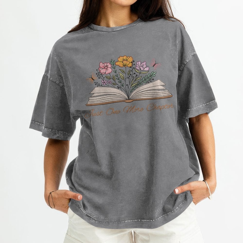 Just One More Chapter With Floral Embroidered Washed Shirt For Book Lovers