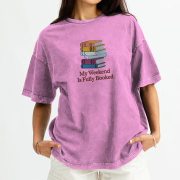 My Weekend Is Fully Booked Embroidered Washed Shirt For Book Lovers