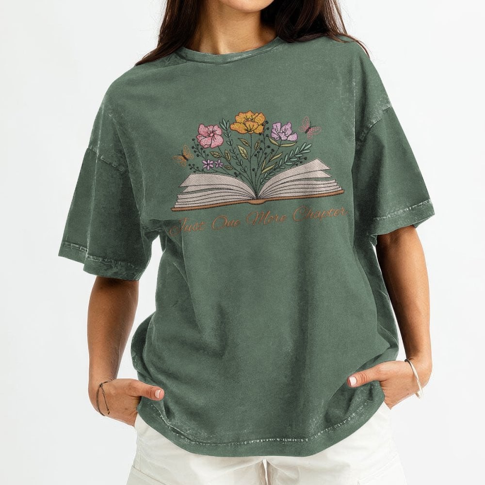 Just One More Chapter With Floral Embroidered Washed Shirt For Book Lovers