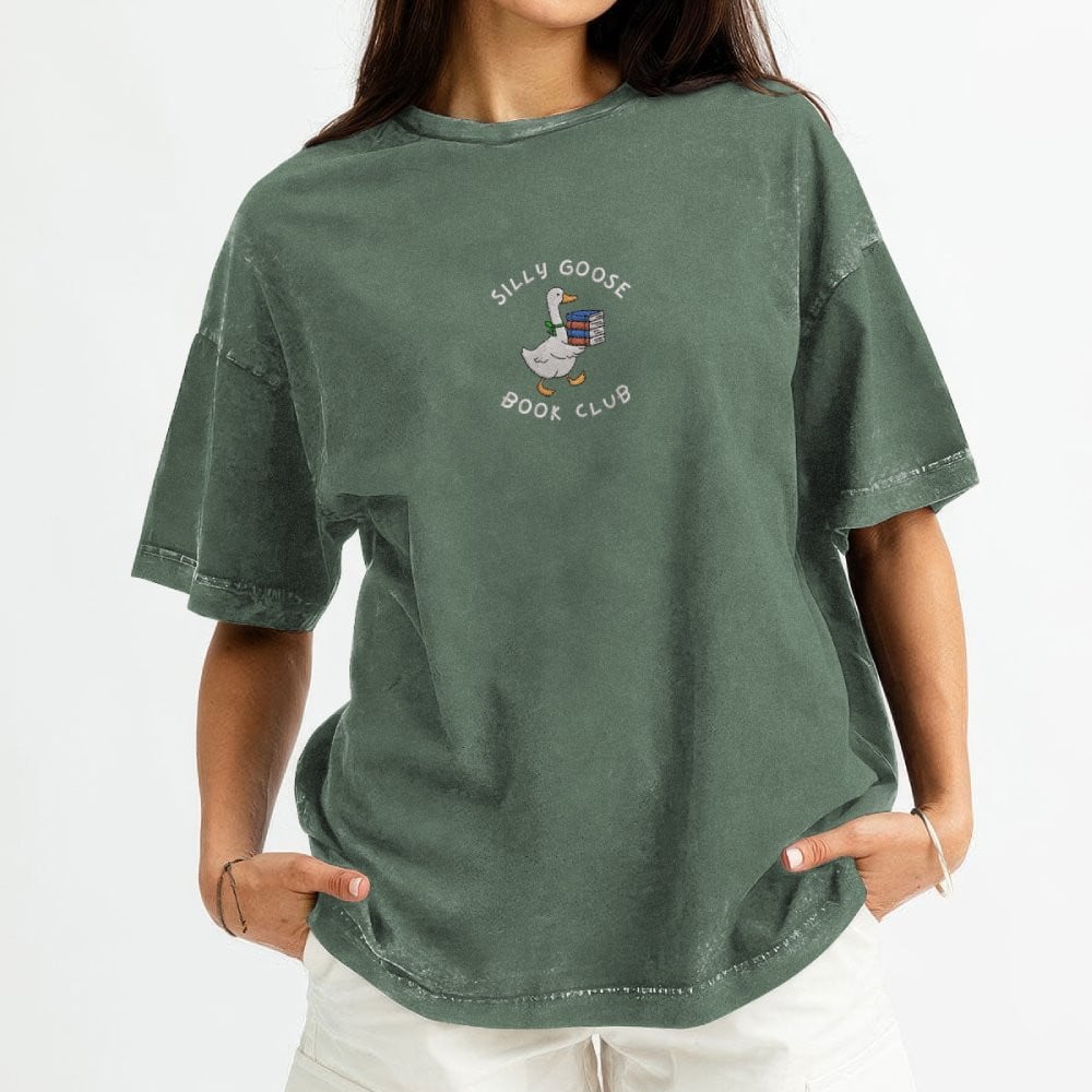 Silly Goose Book Club Embroidered Washed Shirt For Book Lovers