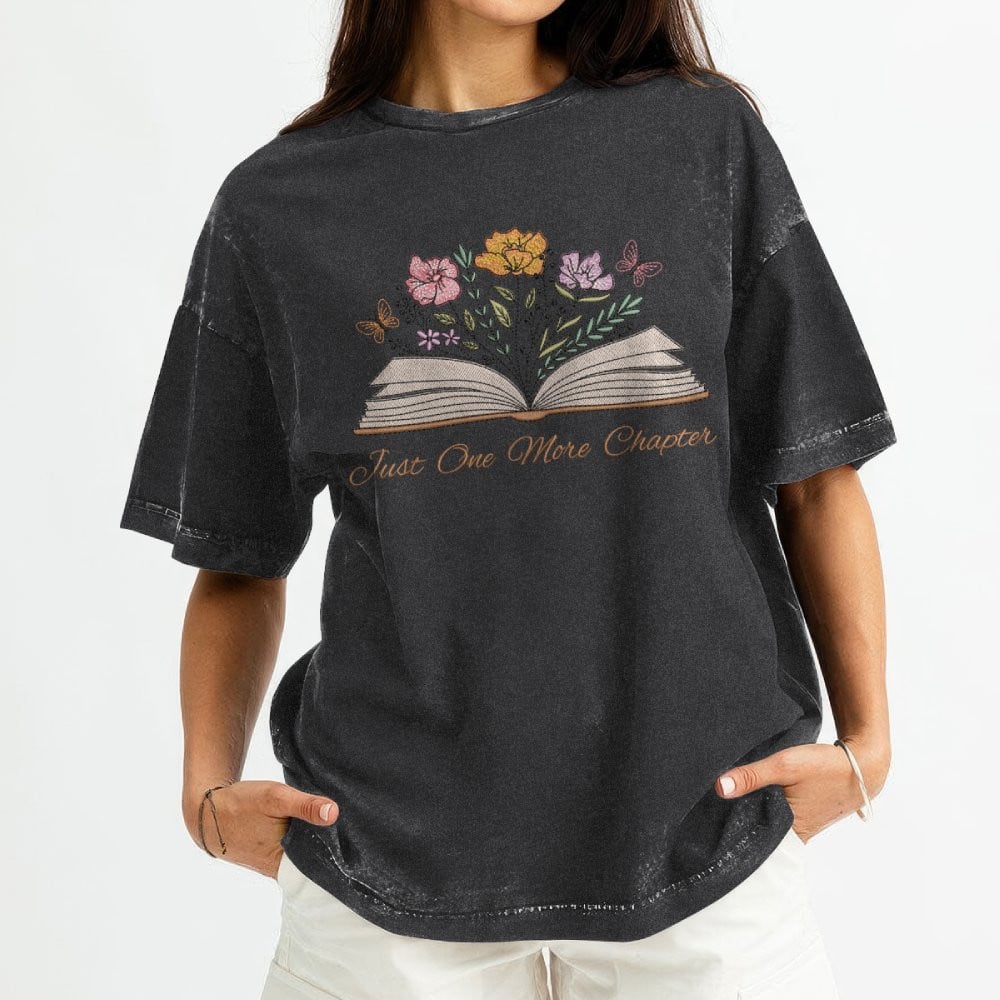 Just One More Chapter With Floral Embroidered Washed Shirt For Book Lovers
