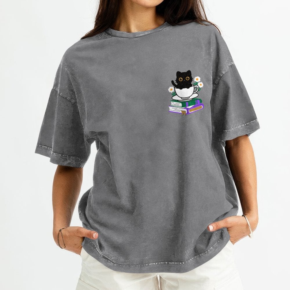 Cute Cat With Coffee And Book Embroidered Washed Shirt For Book Lovers