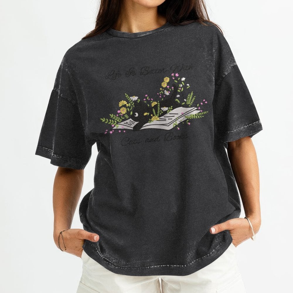 Cute Cat Lying On Book With Flower Embroidered Washed Shirt For Book Lovers