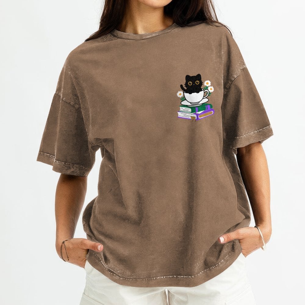 Cute Cat With Coffee And Book Embroidered Washed Shirt For Book Lovers