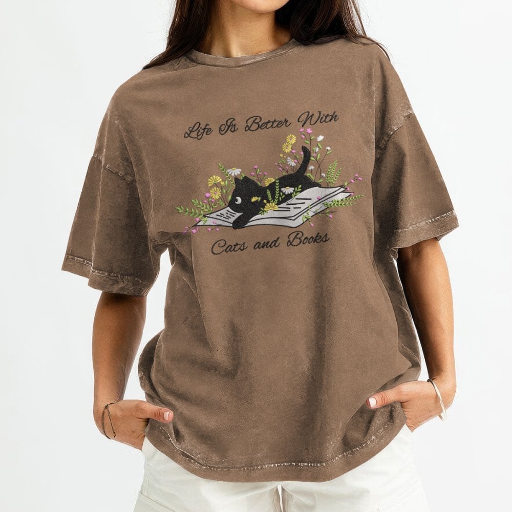 Cute Cat Lying On Book With Flower Embroidered Washed Shirt For Book Lovers
